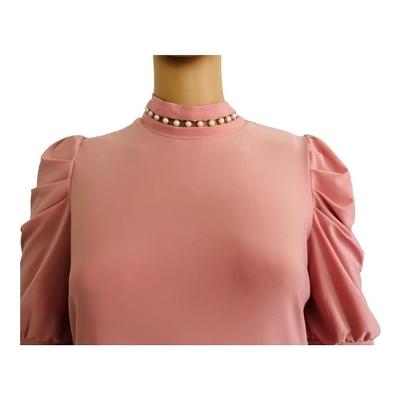 AUW pastel pink top S short ruched sleeves turtleneck faux pearl detail buttons - Picture 8 of 12